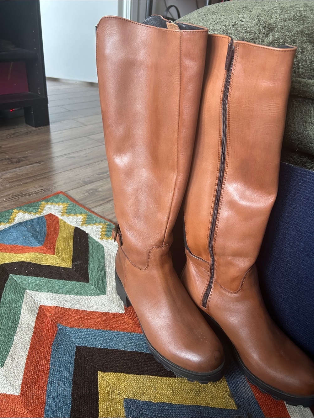 Women's Tall Tan Knee-High Heeled Boots with Side Zipper